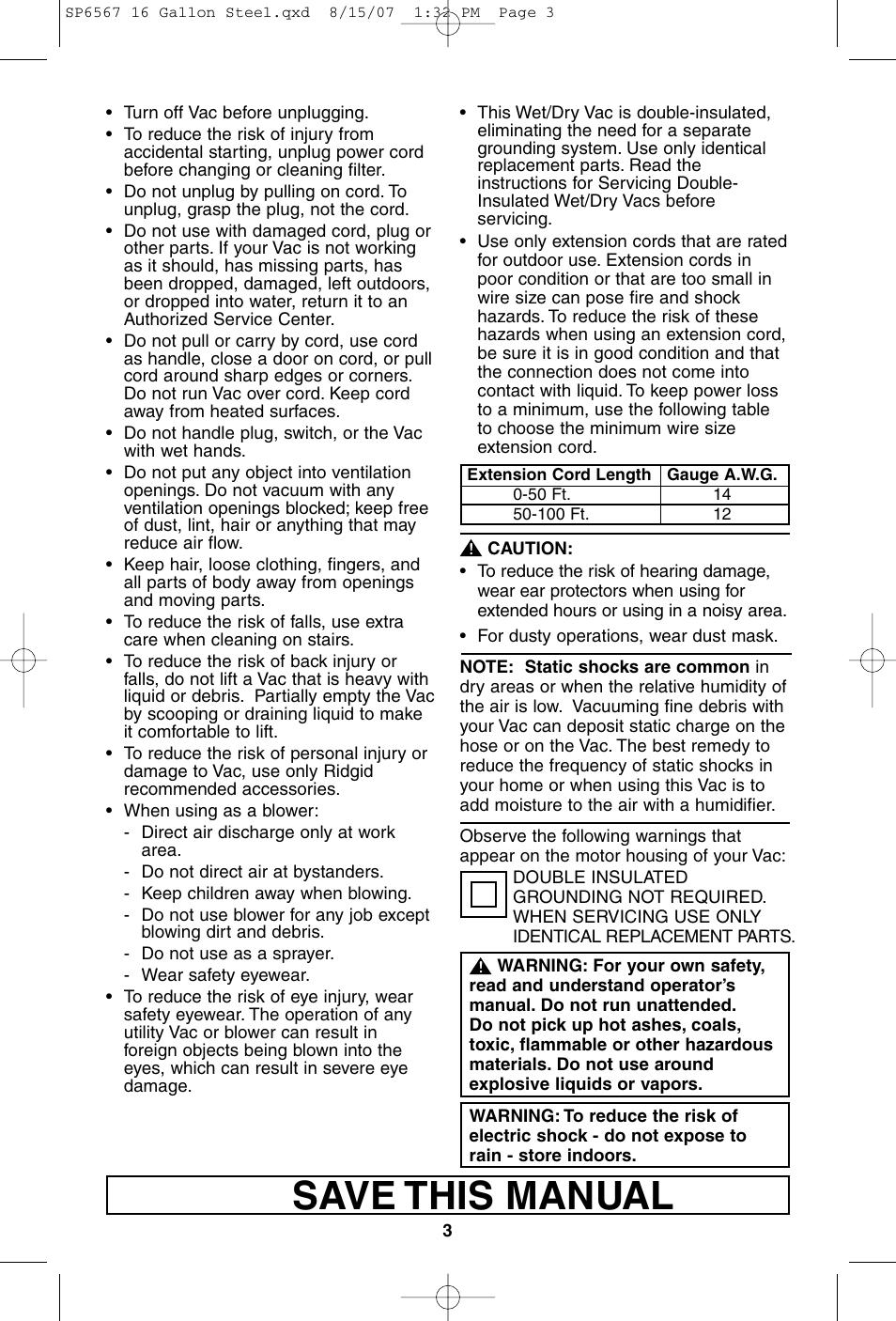 Save this manual | RIDGID WD1950 User Manual | Page 3 / 44