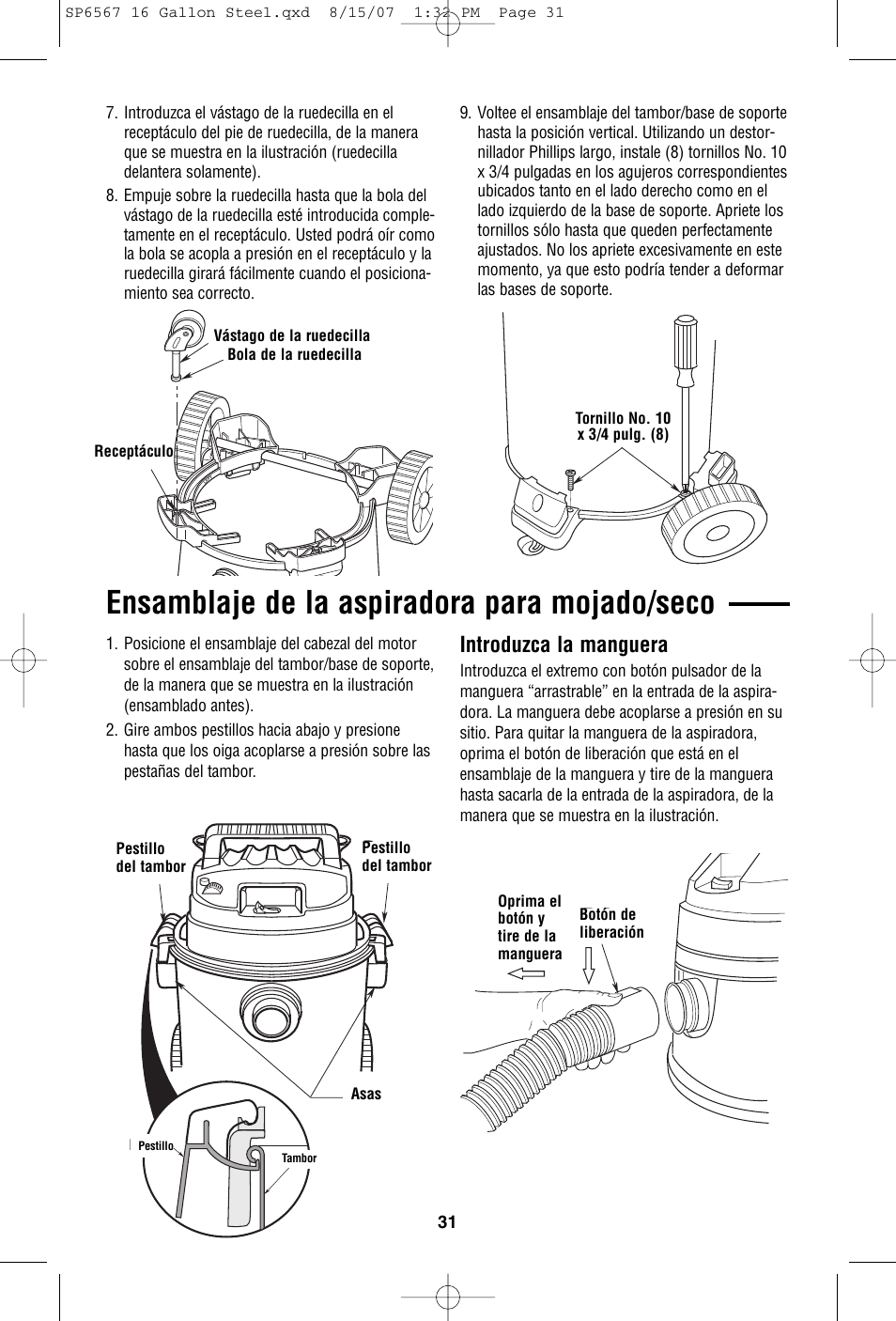 Ensamblaje de la aspiradora para mojado/seco, Introduzca la manguera | RIDGID WD1950 User Manual | Page 31 / 44