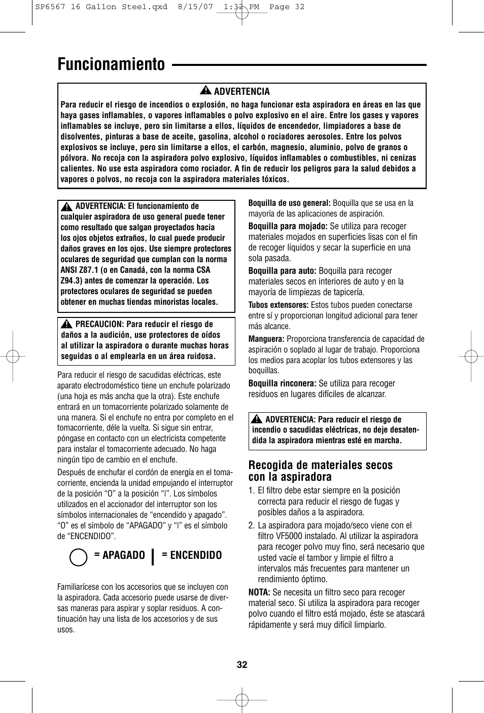 Funcionamiento, Recogida de materiales secos con la aspiradora | RIDGID WD1950 User Manual | Page 32 / 44