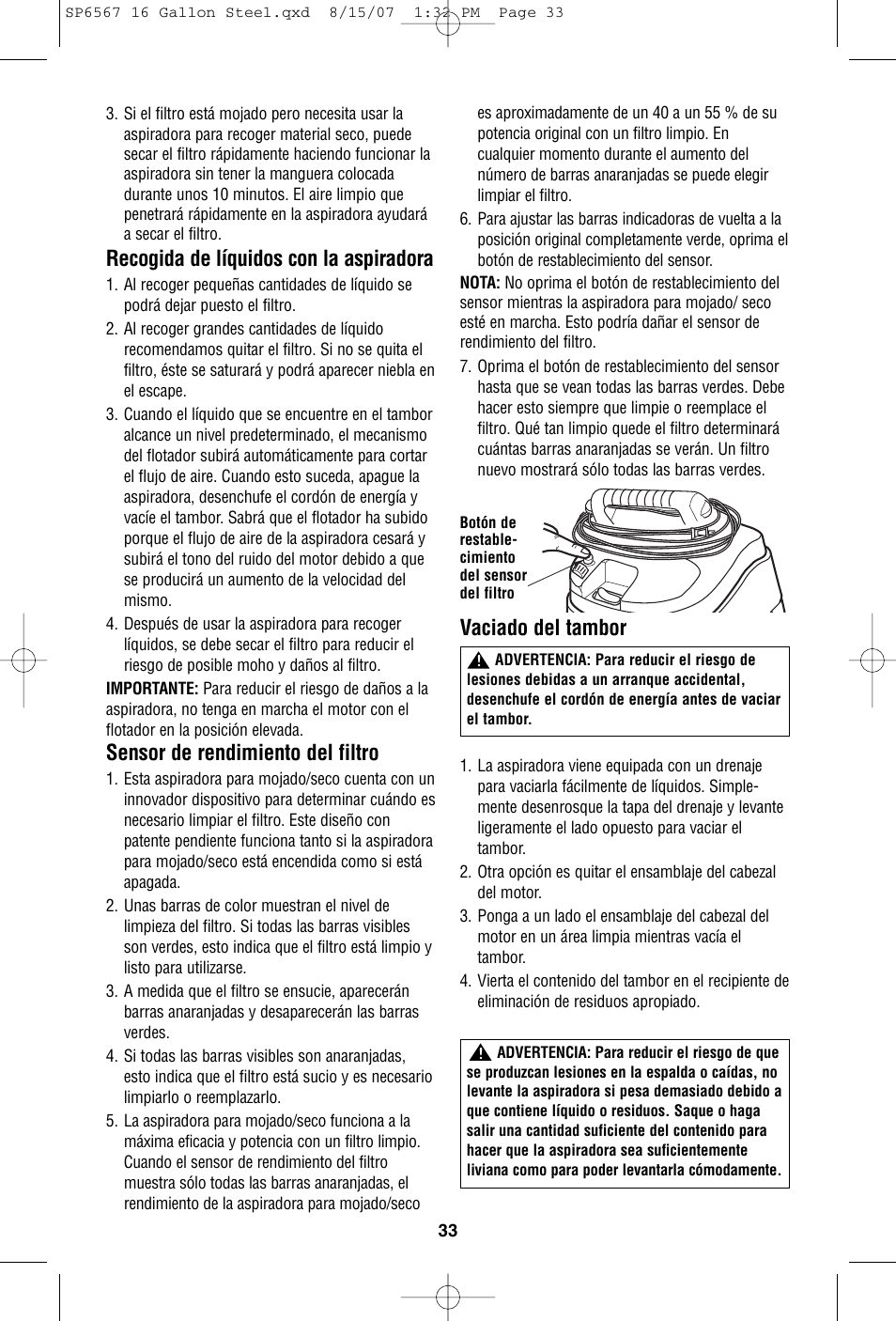 Recogida de líquidos con la aspiradora, Sensor de rendimiento del filtro, Vaciado del tambor | RIDGID WD1950 User Manual | Page 33 / 44
