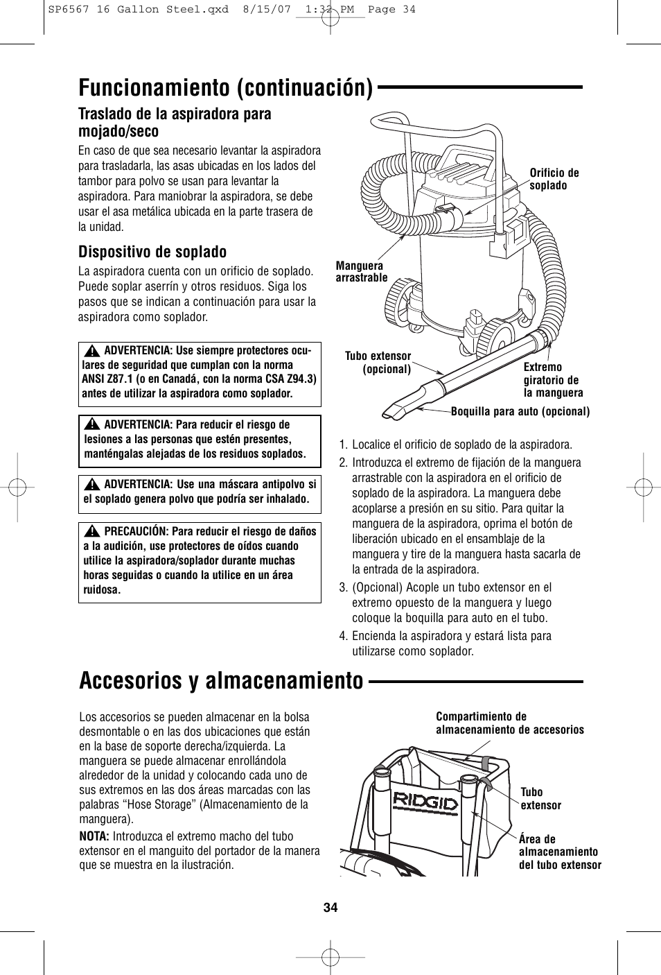 Accesorios y almacenamiento, Funcionamiento (continuación), Traslado de la aspiradora para mojado/seco | Dispositivo de soplado | RIDGID WD1950 User Manual | Page 34 / 44