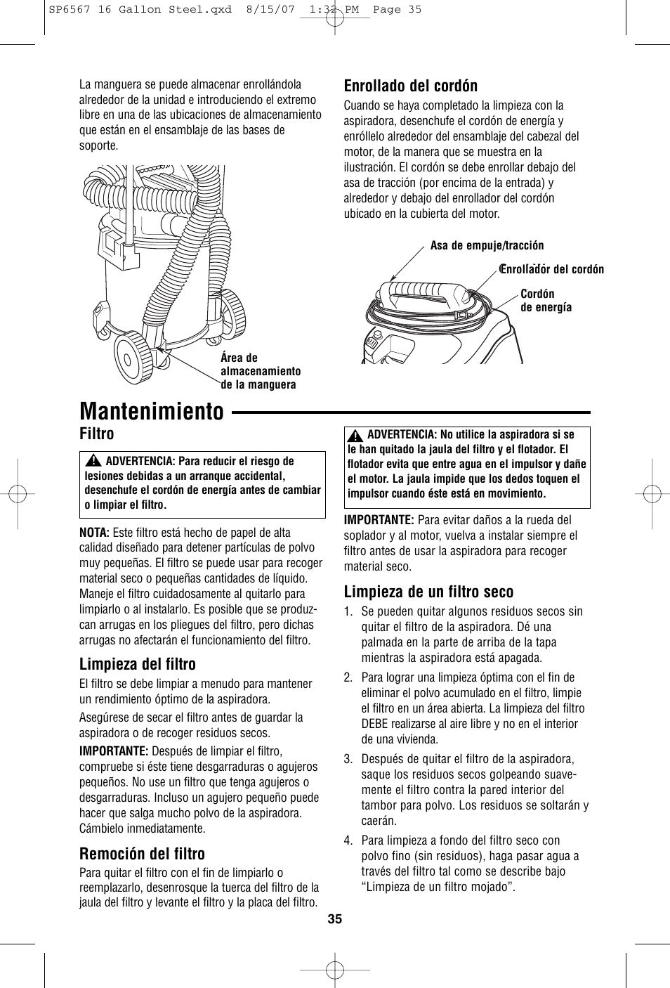 Mantenimiento, Enrollado del cordón, Limpieza del filtro | Remoción del filtro, Filtro, Limpieza de un filtro seco | RIDGID WD1950 User Manual | Page 35 / 44