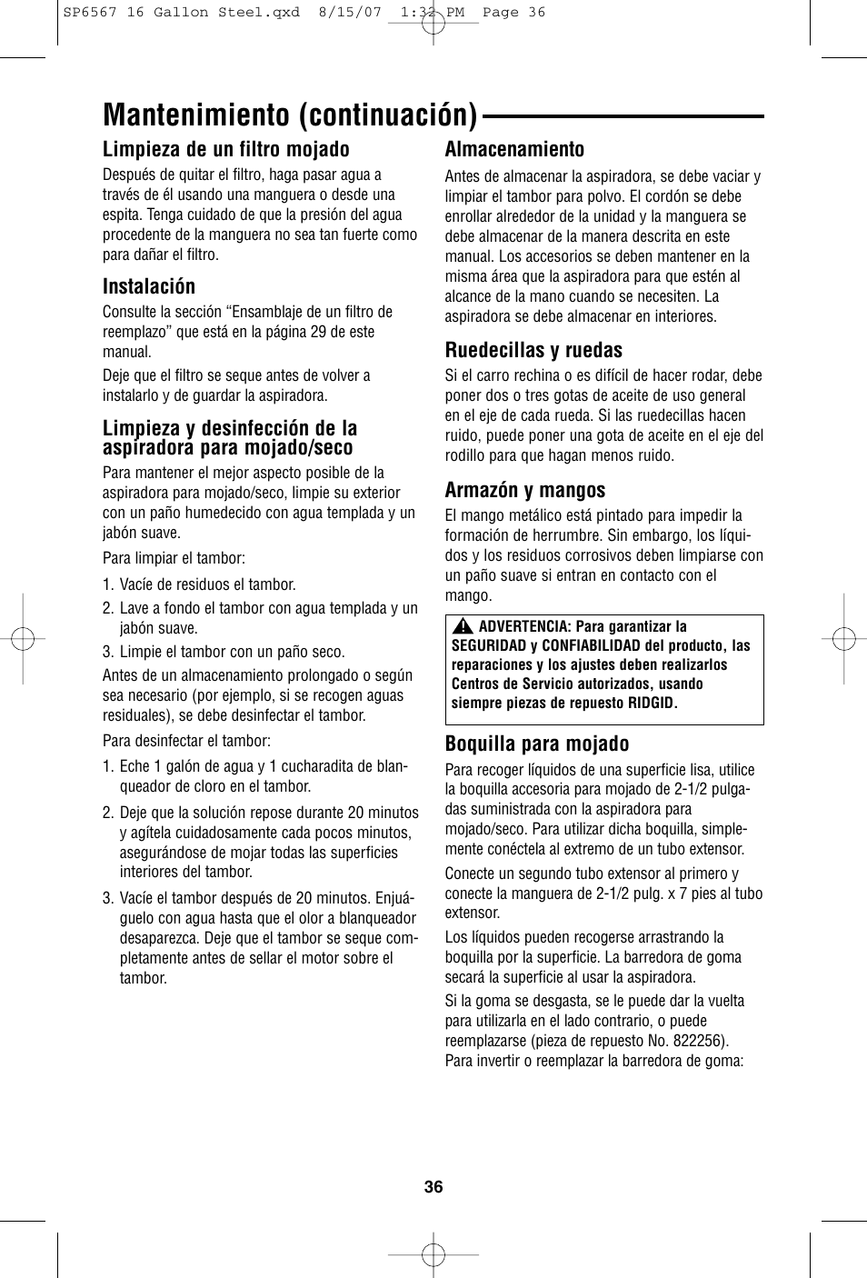 Mantenimiento (continuación), Limpieza de un filtro mojado, Instalación | Almacenamiento, Ruedecillas y ruedas, Armazón y mangos, Boquilla para mojado | RIDGID WD1950 User Manual | Page 36 / 44