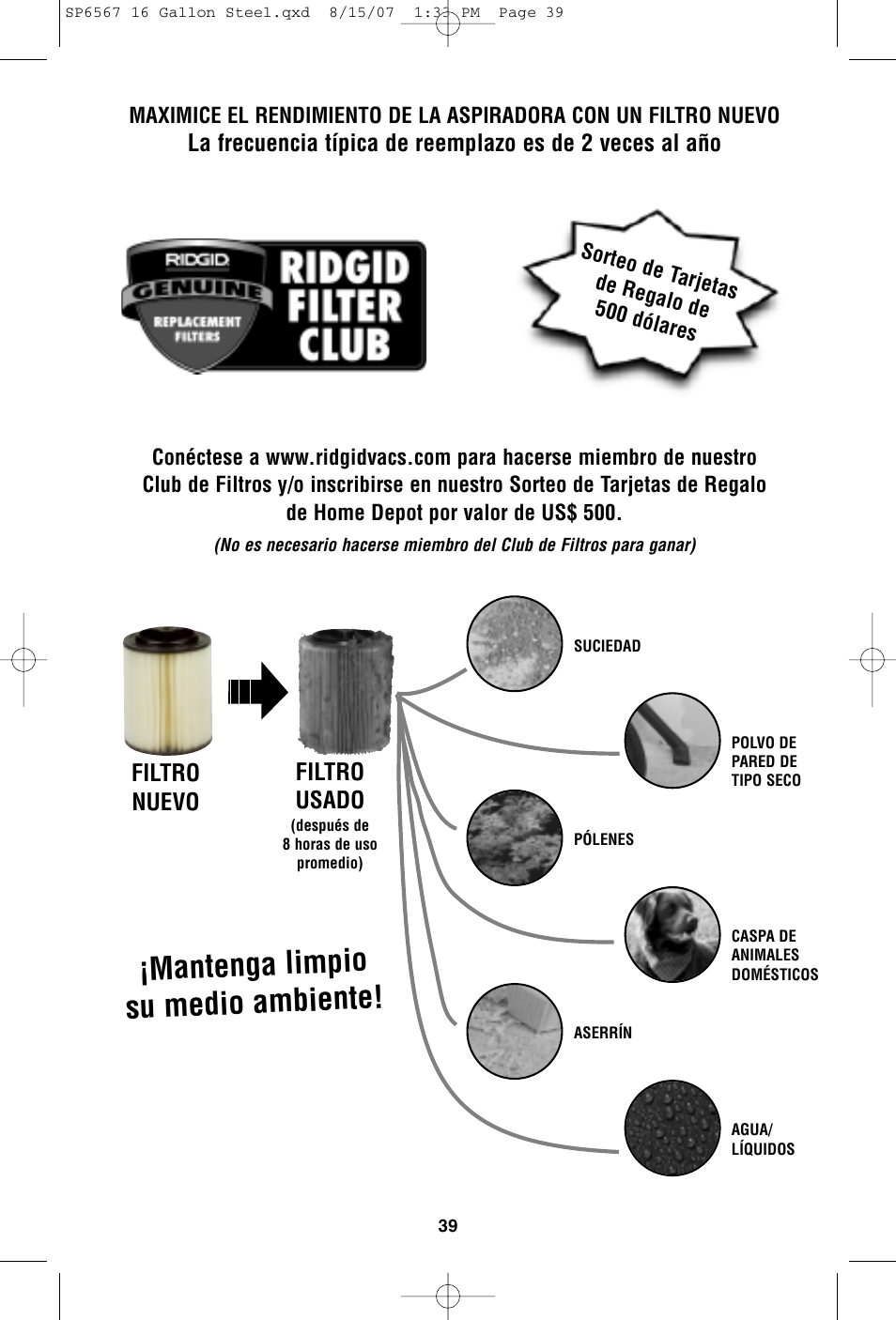 Mantenga limpio su medio ambiente, Filtro nuevo filtro usado | RIDGID WD1950 User Manual | Page 39 / 44