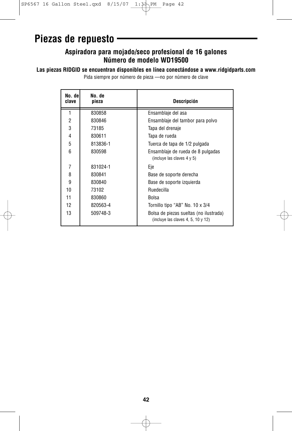 Piezas de repuesto | RIDGID WD1950 User Manual | Page 42 / 44