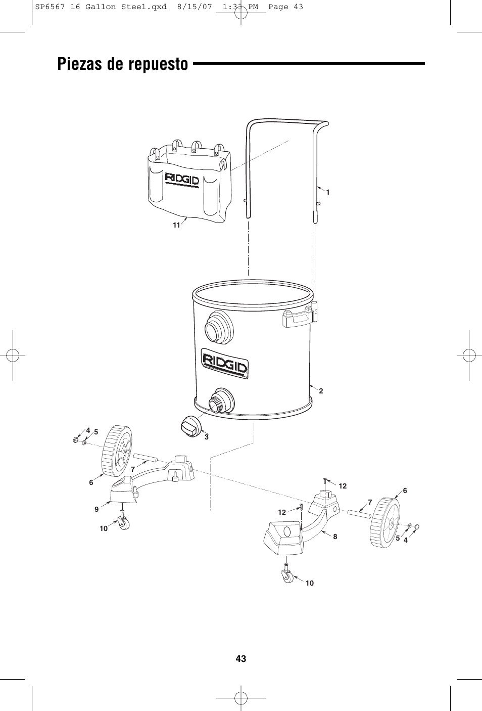 Piezas de repuesto | RIDGID WD1950 User Manual | Page 43 / 44