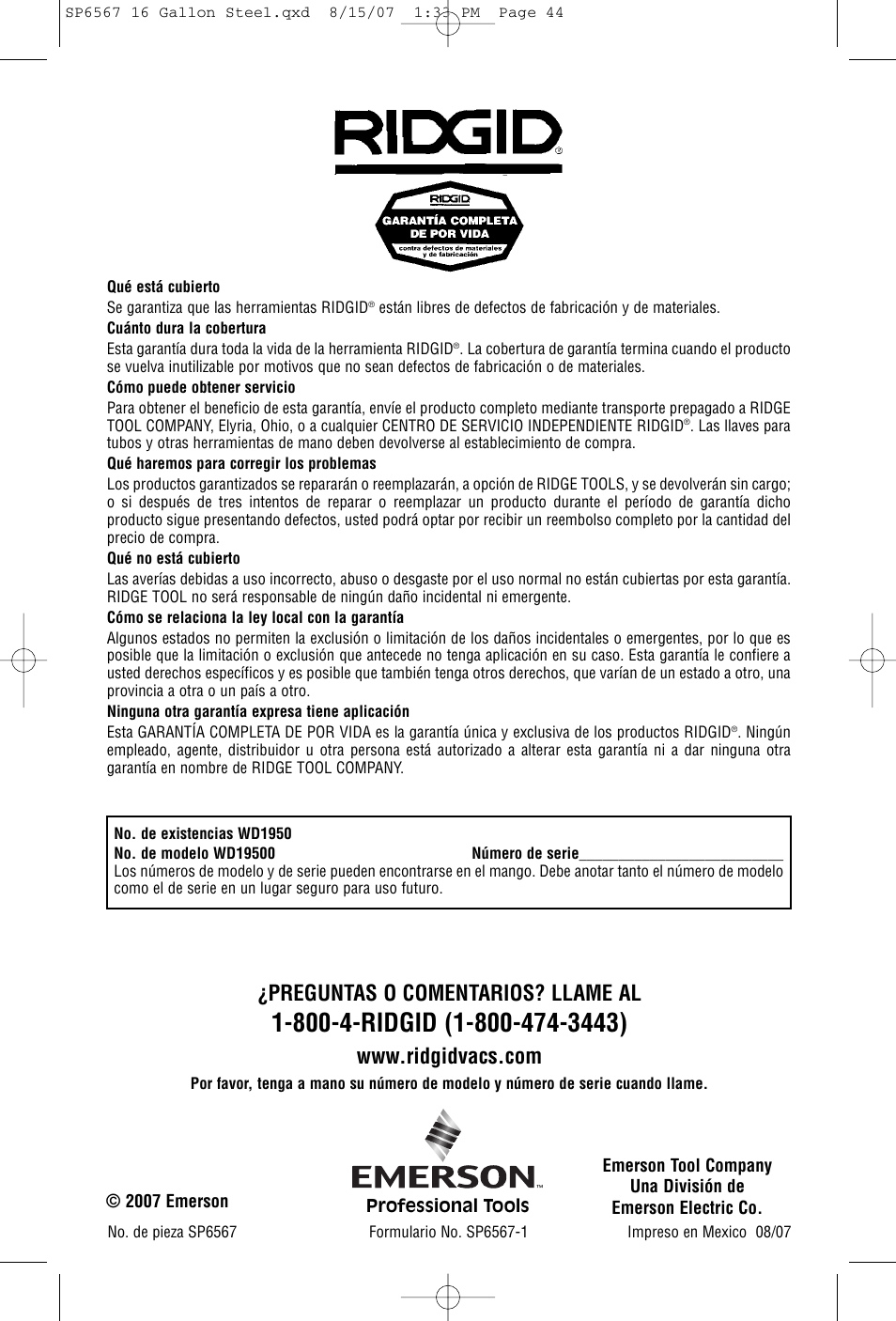 Preguntas o comentarios? llame al | RIDGID WD1950 User Manual | Page 44 / 44