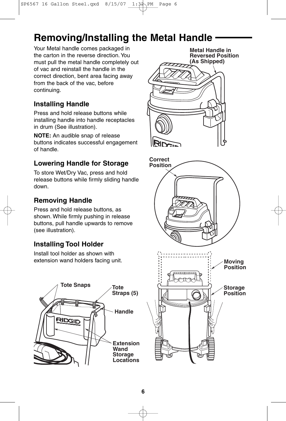 Removing/installing the metal handle | RIDGID WD1950 User Manual | Page 6 / 44