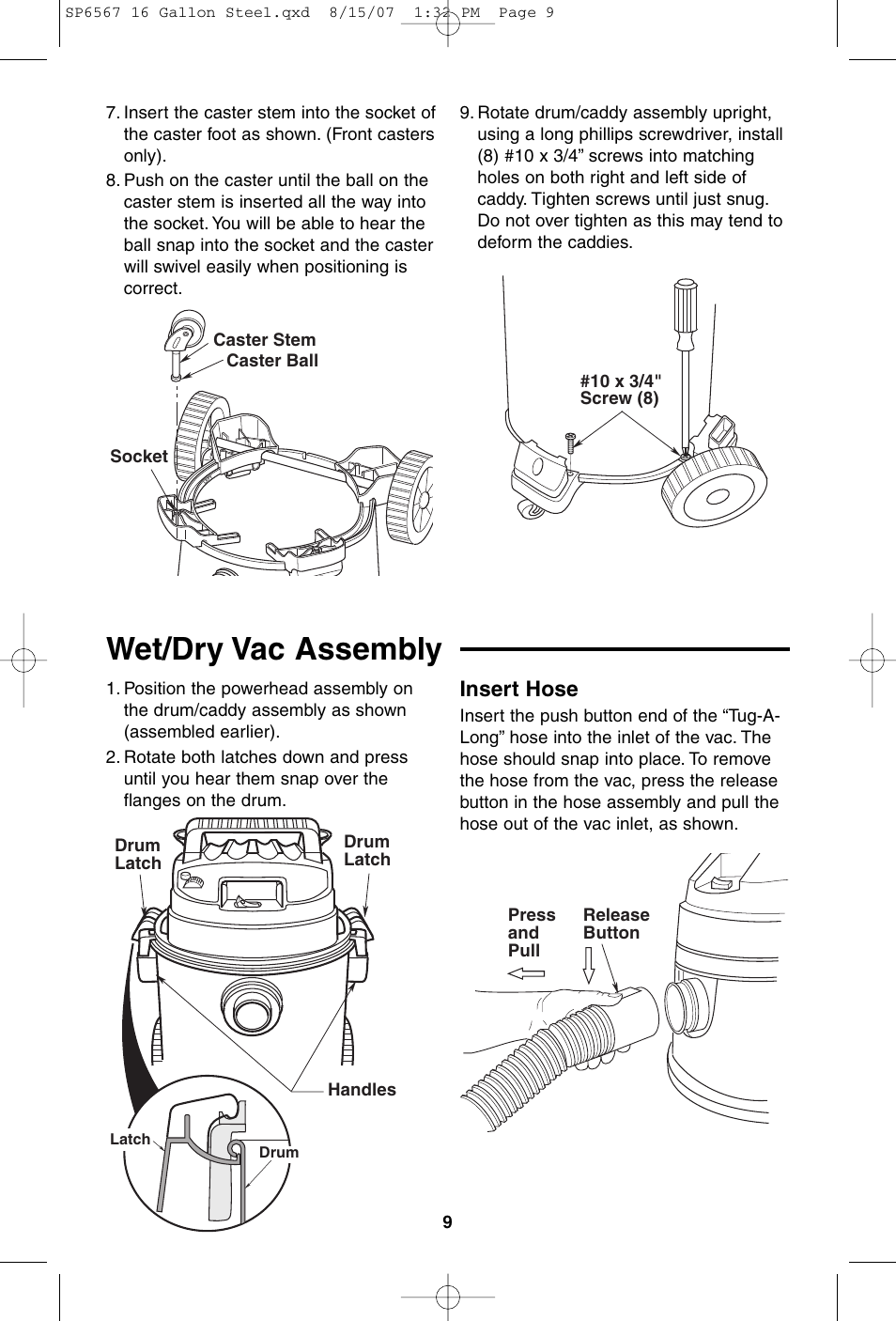 Wet/dry vac assembly, Insert hose | RIDGID WD1950 User Manual | Page 9 / 44