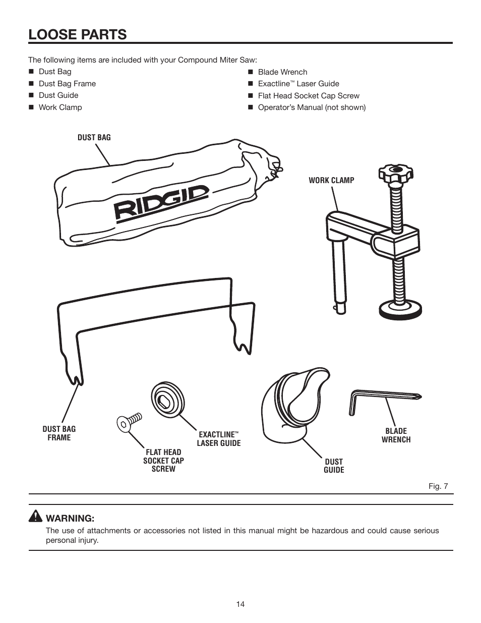 Loose parts | RIDGID MS1290LZ User Manual | Page 14 / 40