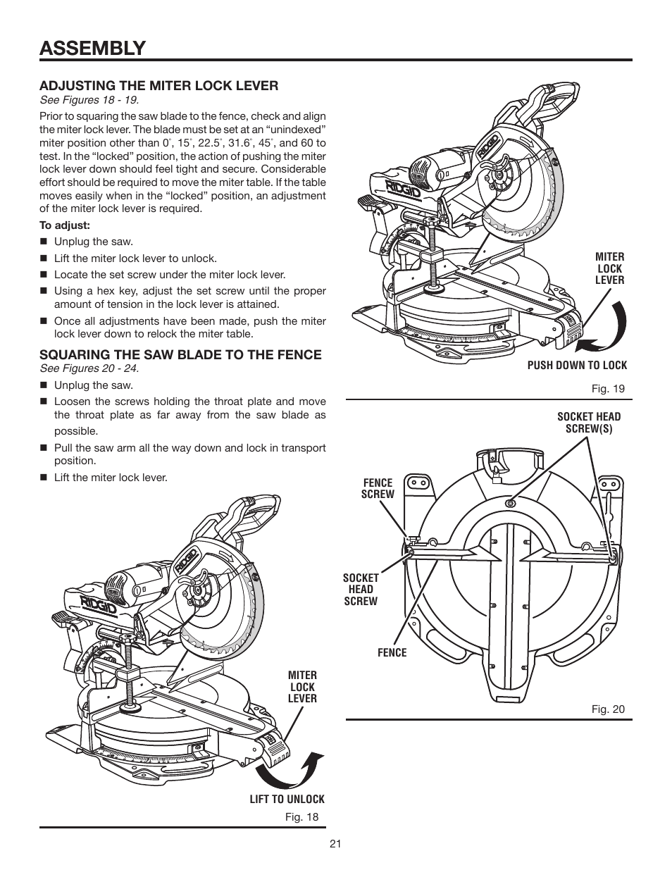 Assembly, Adjusting the miter lock lever, Squaring the saw blade to the fence | RIDGID MS1290LZ User Manual | Page 21 / 40