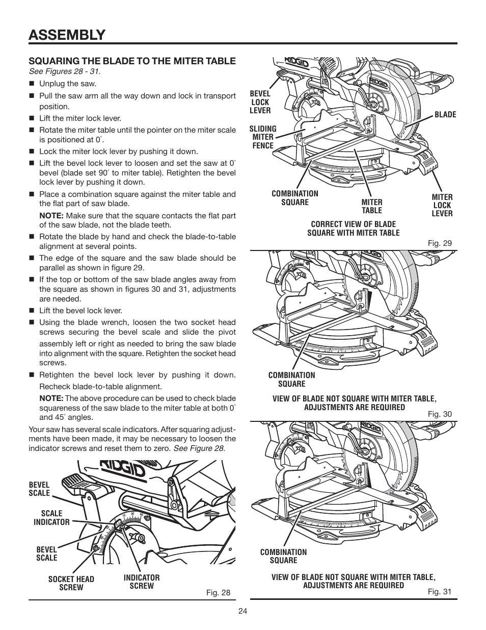 Assembly, Squaring the blade to the miter table | RIDGID MS1290LZ User Manual | Page 24 / 40