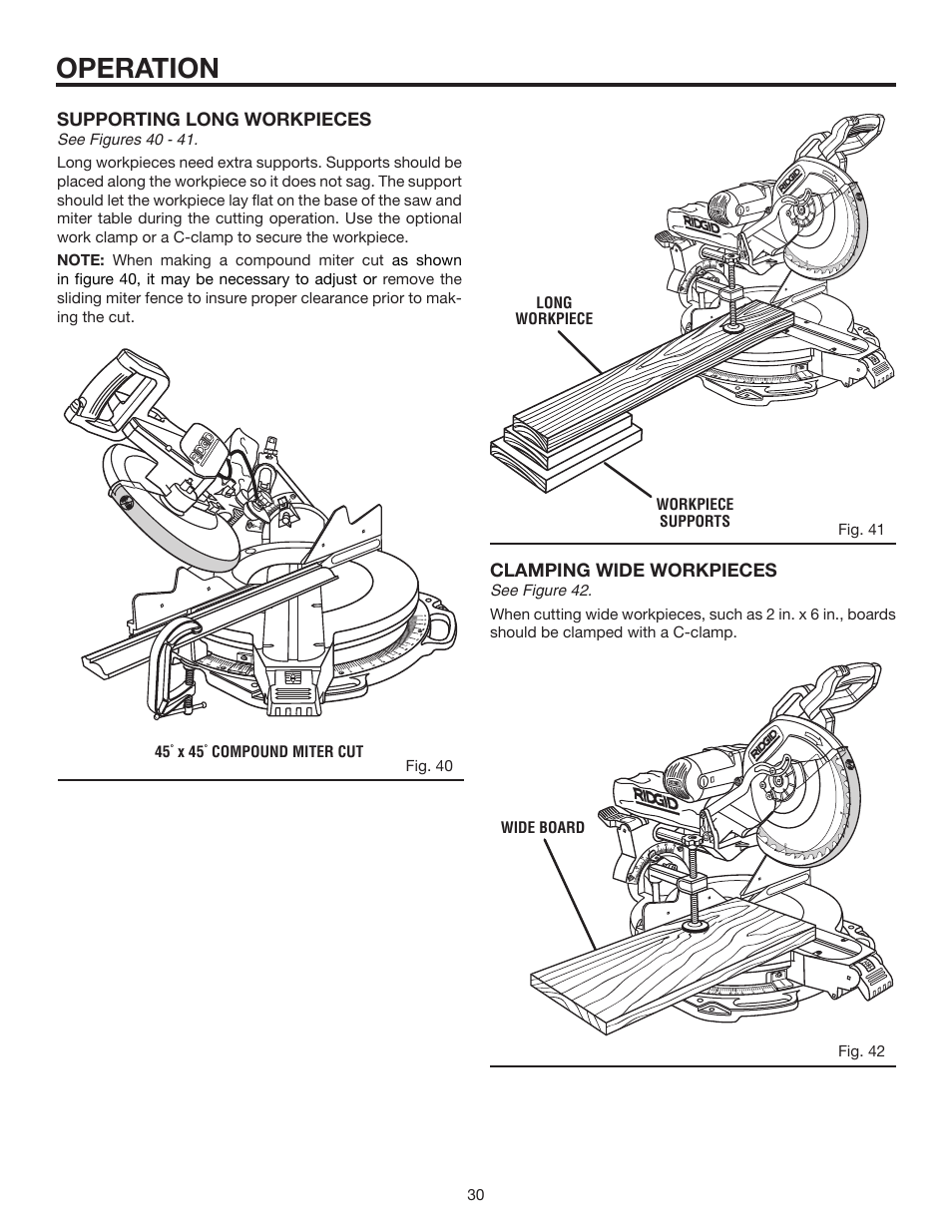 Operation, Supporting long workpieces, Clamping wide workpieces | RIDGID MS1290LZ User Manual | Page 30 / 40