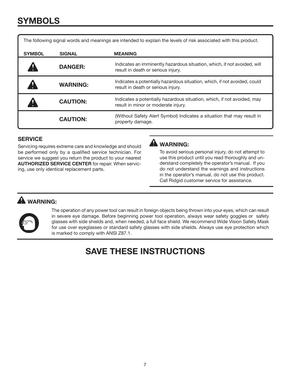 Symbols, Save these instructions | RIDGID MS1290LZ User Manual | Page 7 / 40
