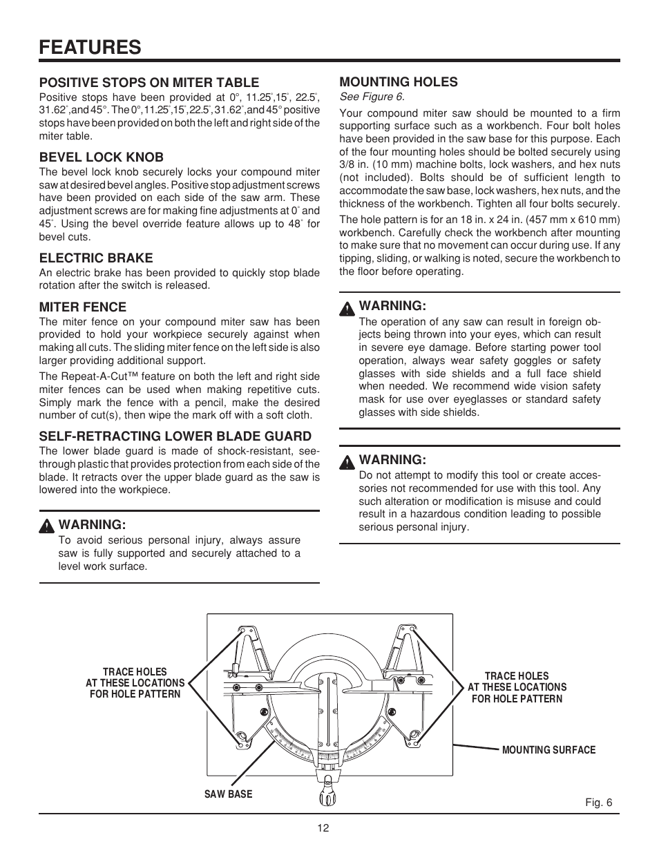 Features, Positive stops on miter table, Bevel lock knob | Electric brake, Miter fence, Self-retracting lower blade guard, Warning, Mounting holes | RIDGID MS 1065LZ User Manual | Page 12 / 30