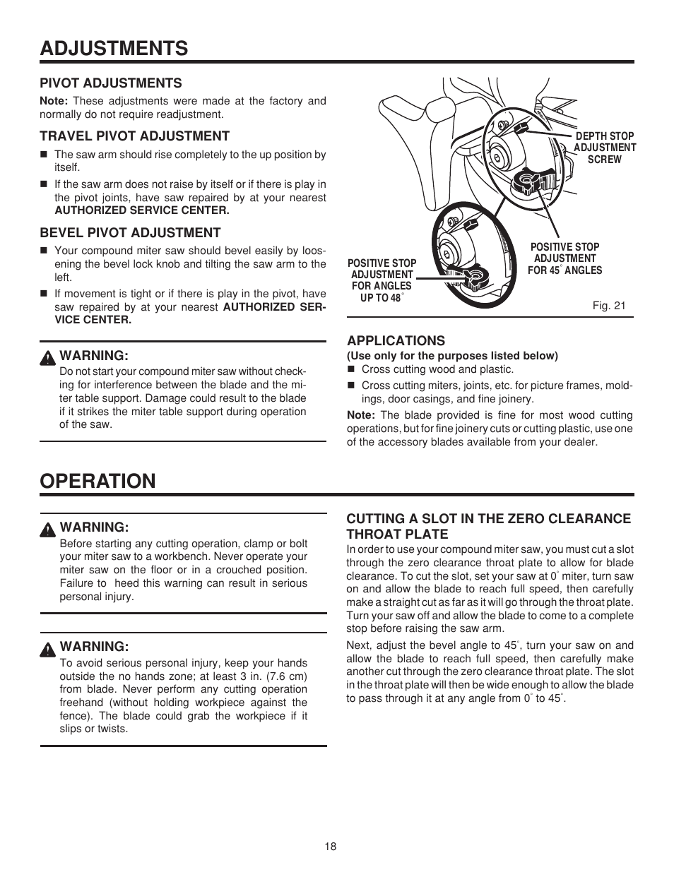Adjustments, Operation | RIDGID MS 1065LZ User Manual | Page 18 / 30