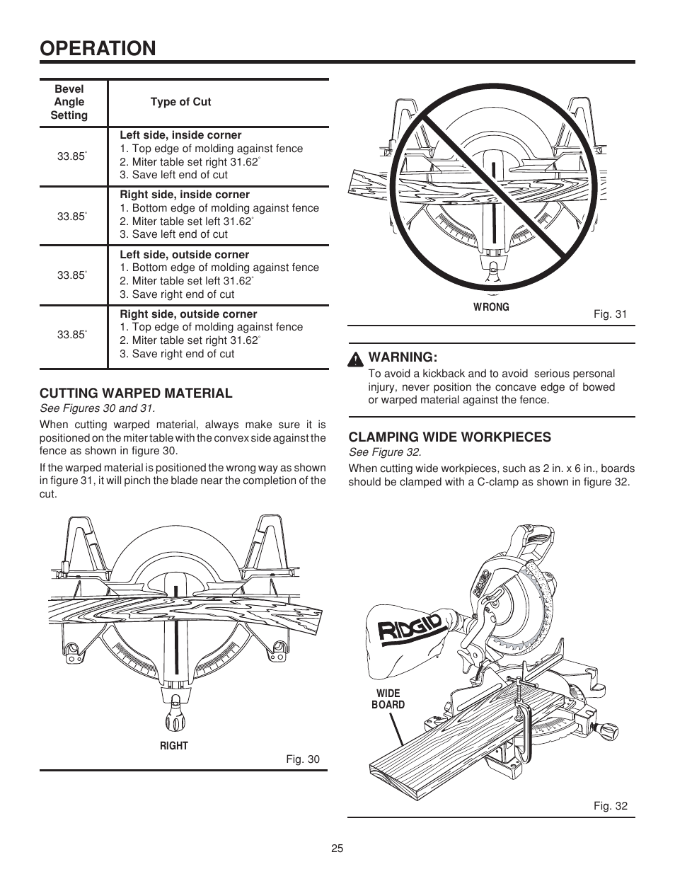 Operation, Warning, Clamping wide workpieces | Cutting warped material | RIDGID MS 1065LZ User Manual | Page 25 / 30