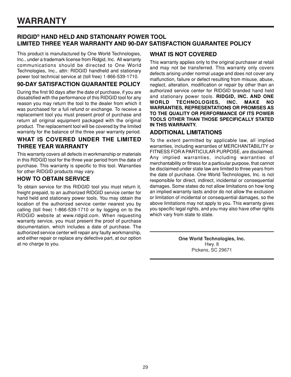 Warranty | RIDGID MS 1065LZ User Manual | Page 29 / 30