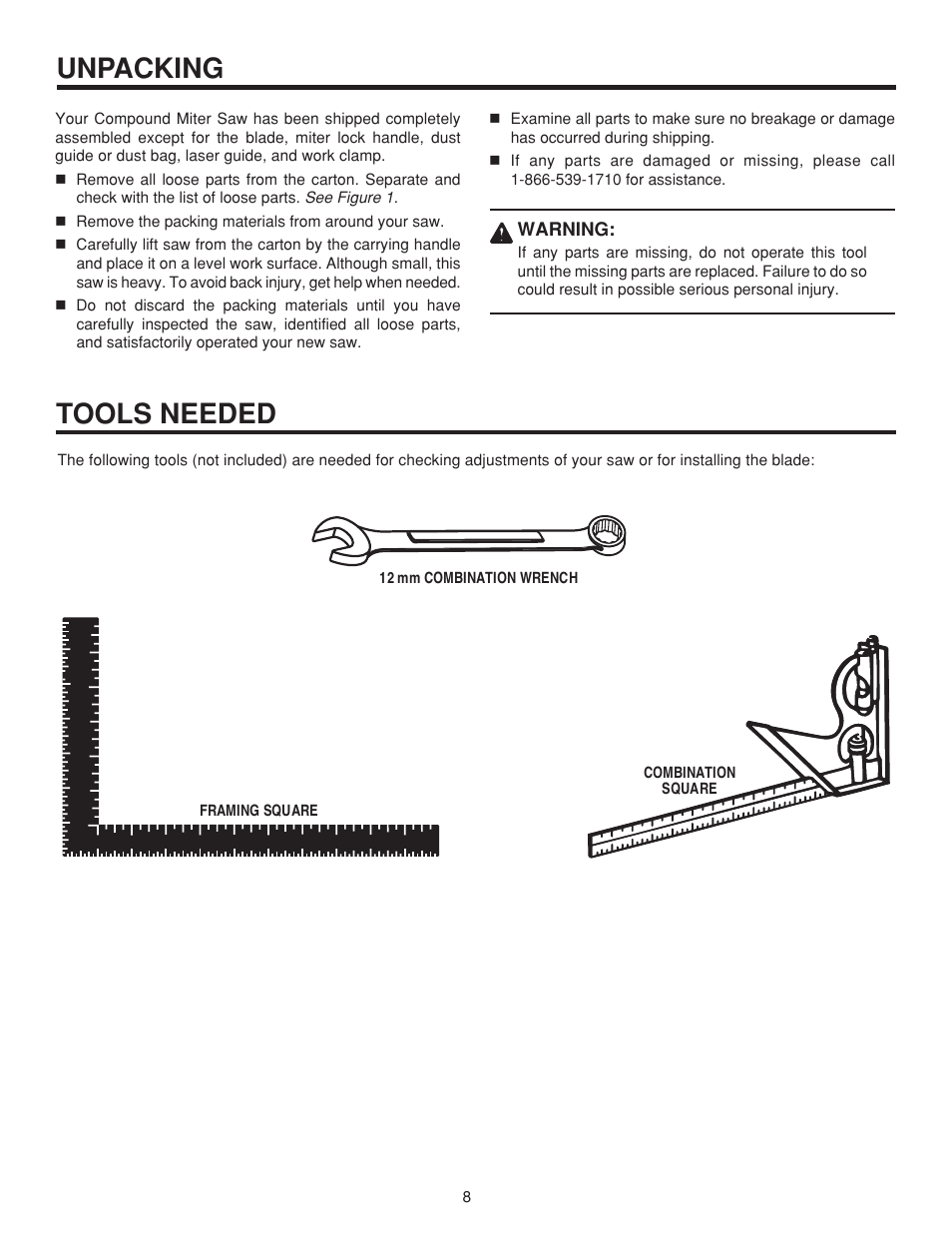 Unpacking tools needed | RIDGID MS 1065LZ User Manual | Page 8 / 30