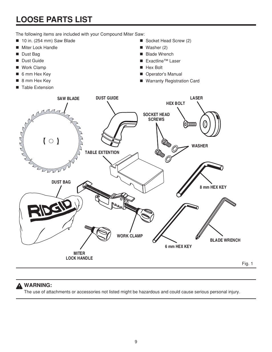 Loose parts list | RIDGID MS 1065LZ User Manual | Page 9 / 30