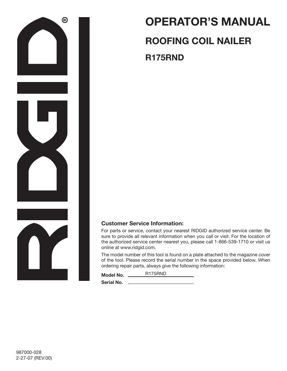 Operator’s manual, Roofing coil nailer, R175rnd | RIDGID R175RND User Manual | Page 22 / 22