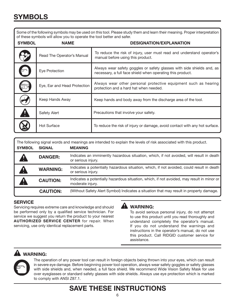 Save these instructions symbols | RIDGID R175RND User Manual | Page 6 / 22