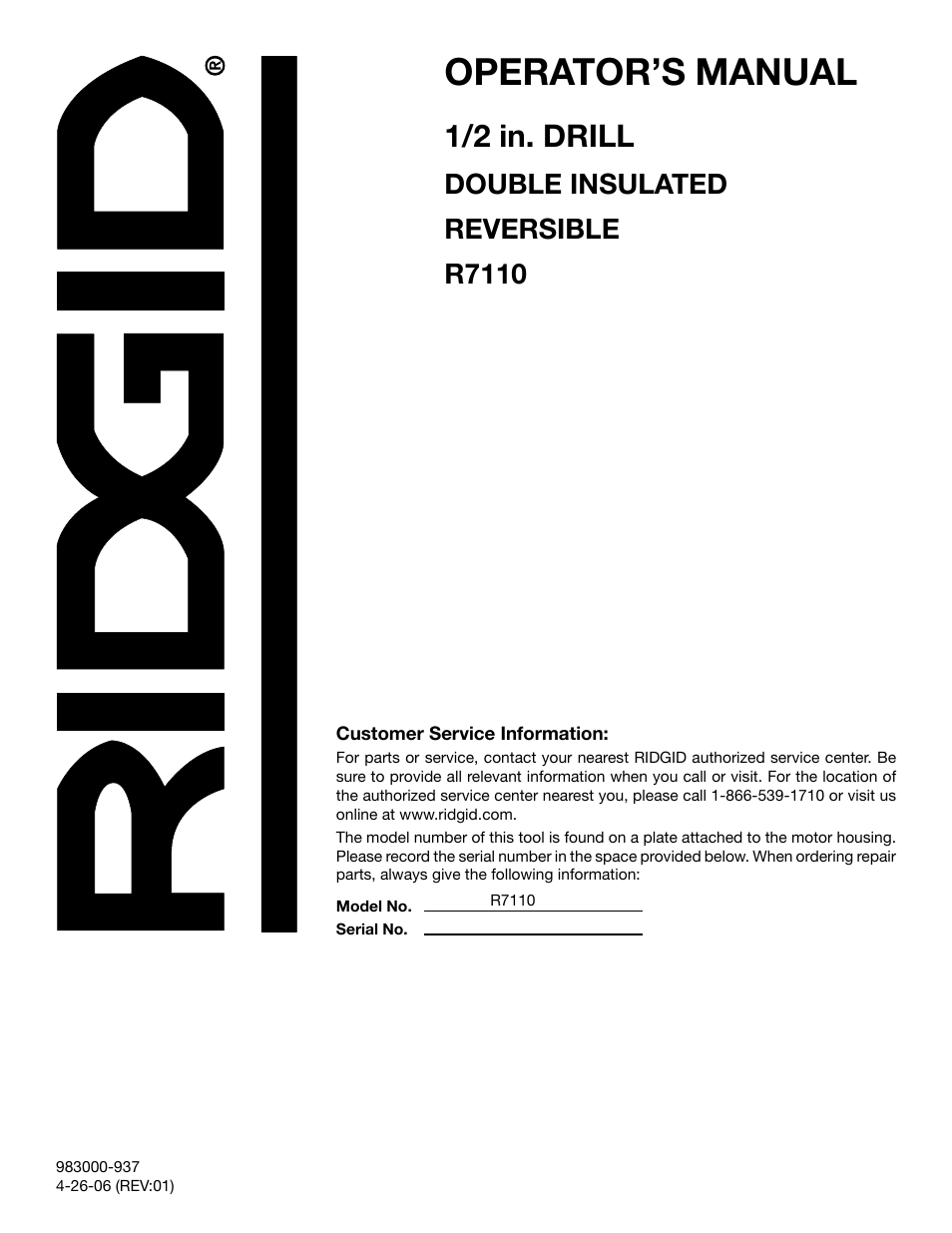 Operator’s manual, 1/2 in. drill, Double insulated reversible r7110 | RIDGID R7110 User Manual | Page 16 / 16