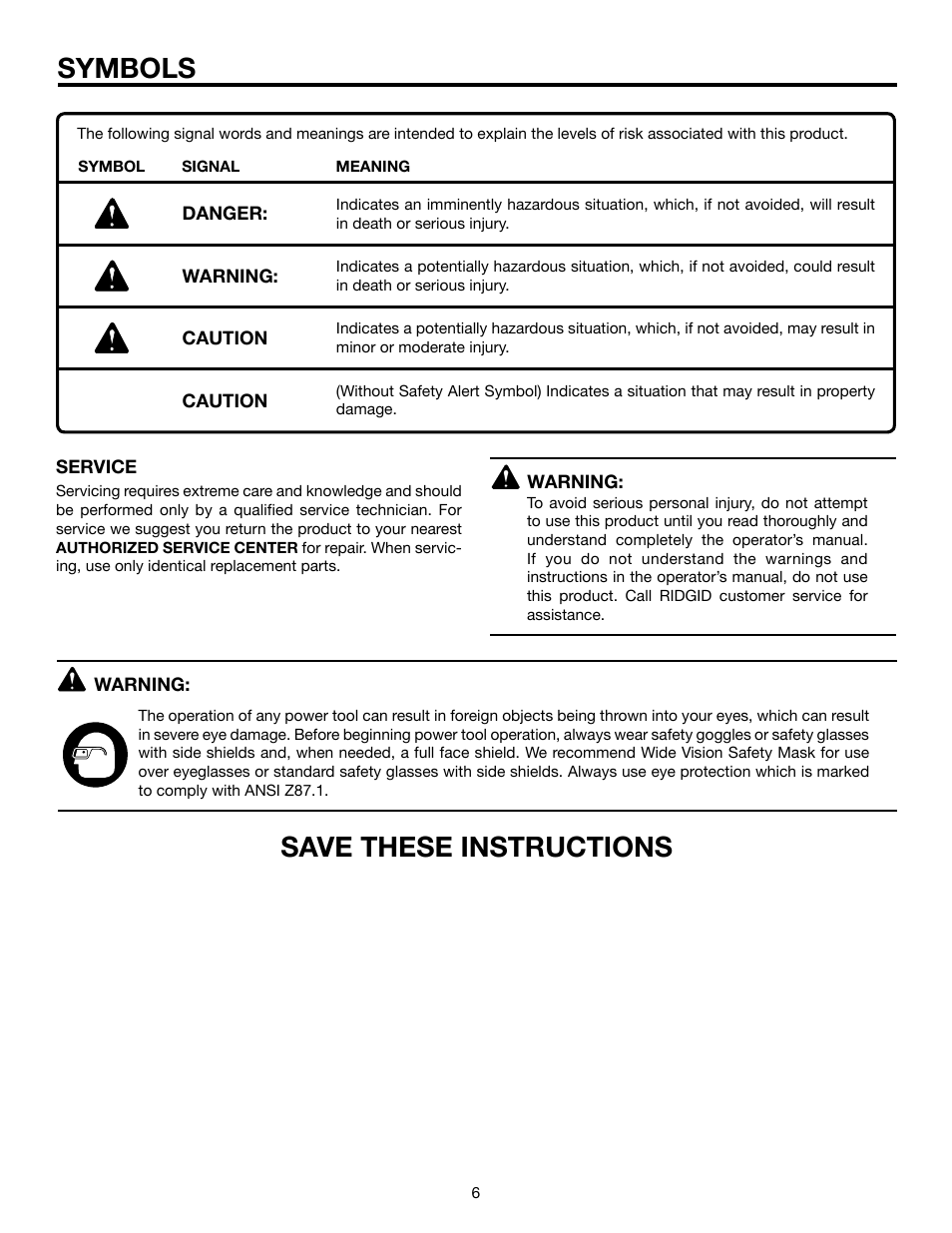 Symbols, Save these instructions | RIDGID R7110 User Manual | Page 6 / 16