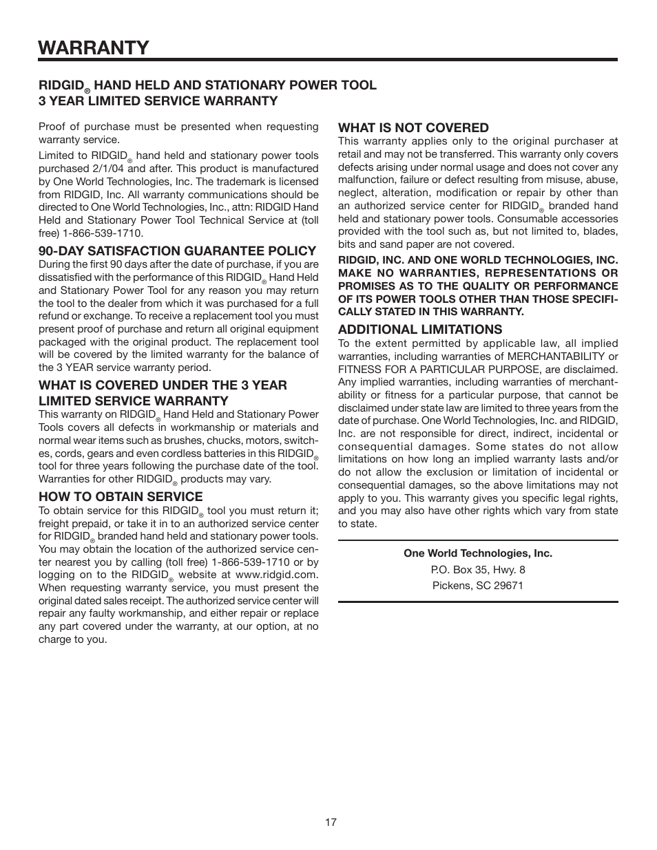 Warranty, Day satisfaction guarantee policy, How to obtain service | Ridgid, Additional limitations | RIDGID R5013 User Manual | Page 17 / 18