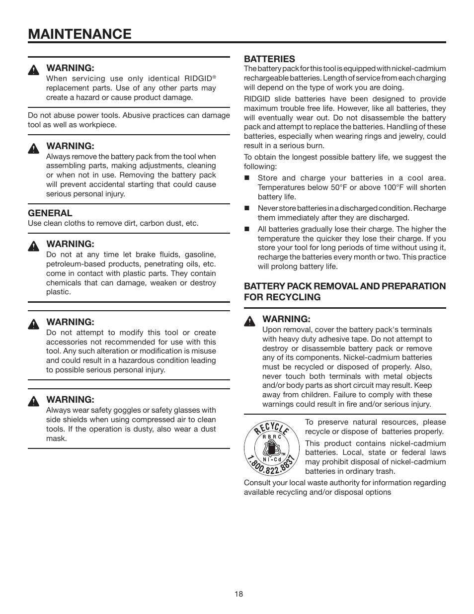 Maintenance | RIDGID R82001 User Manual | Page 18 / 20