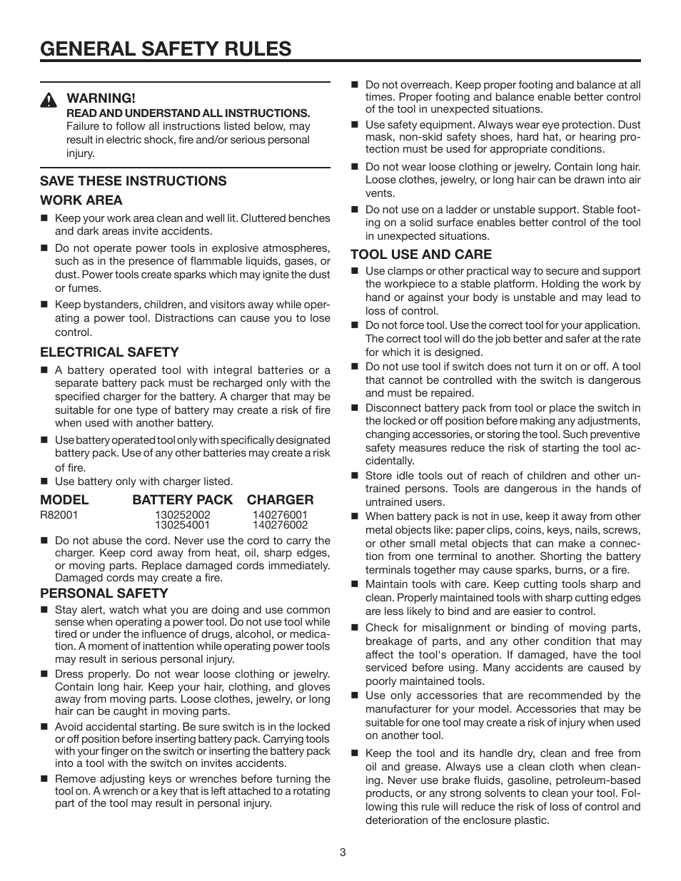 General safety rules | RIDGID R82001 User Manual | Page 3 / 20