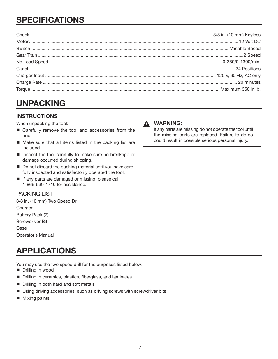 Specifications unpacking, Applications | RIDGID R82001 User Manual | Page 7 / 20