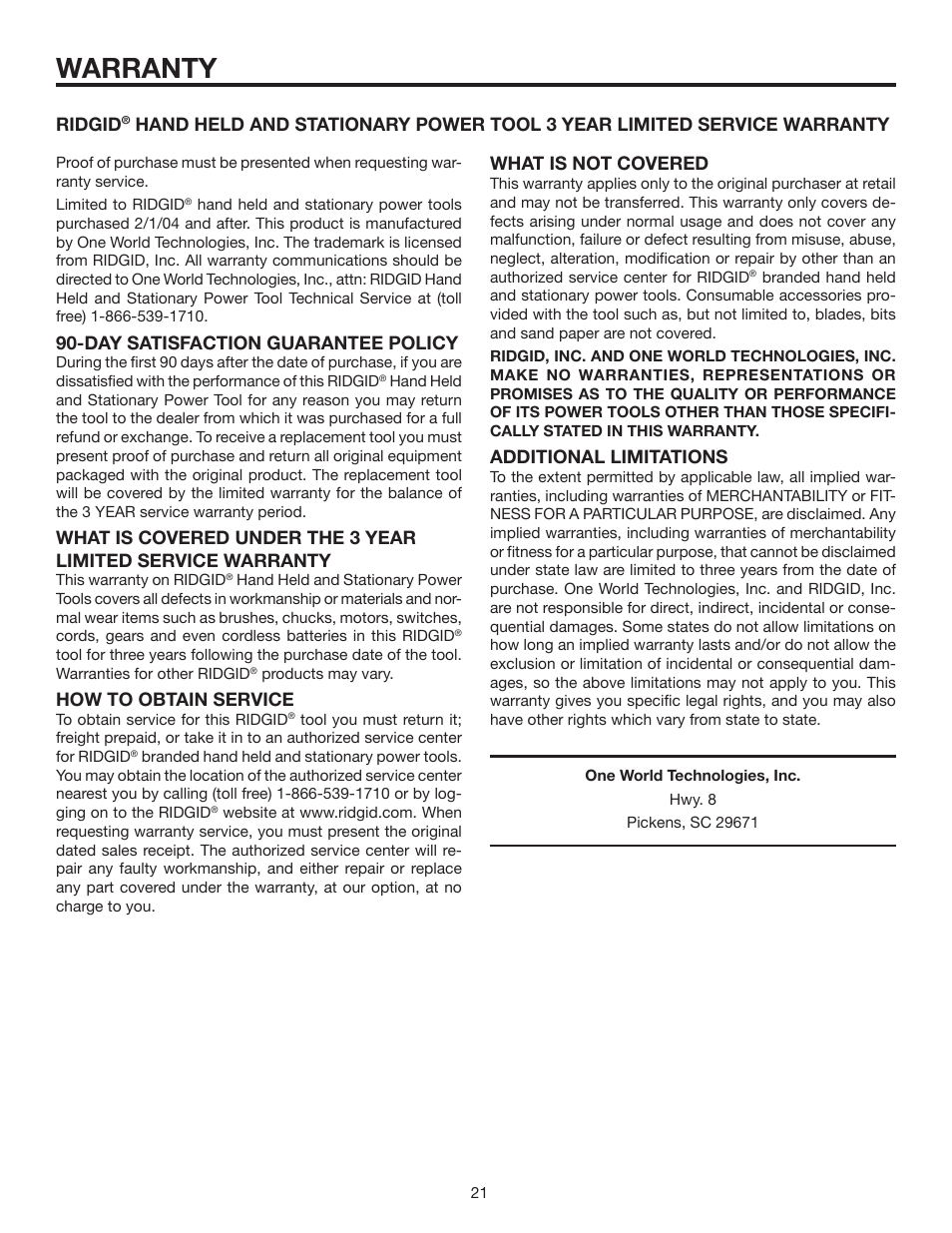 Warranty, Day satisfaction guarantee policy, How to obtain service | Ridgid, Additional limitations | RIDGID R848 User Manual | Page 21 / 22