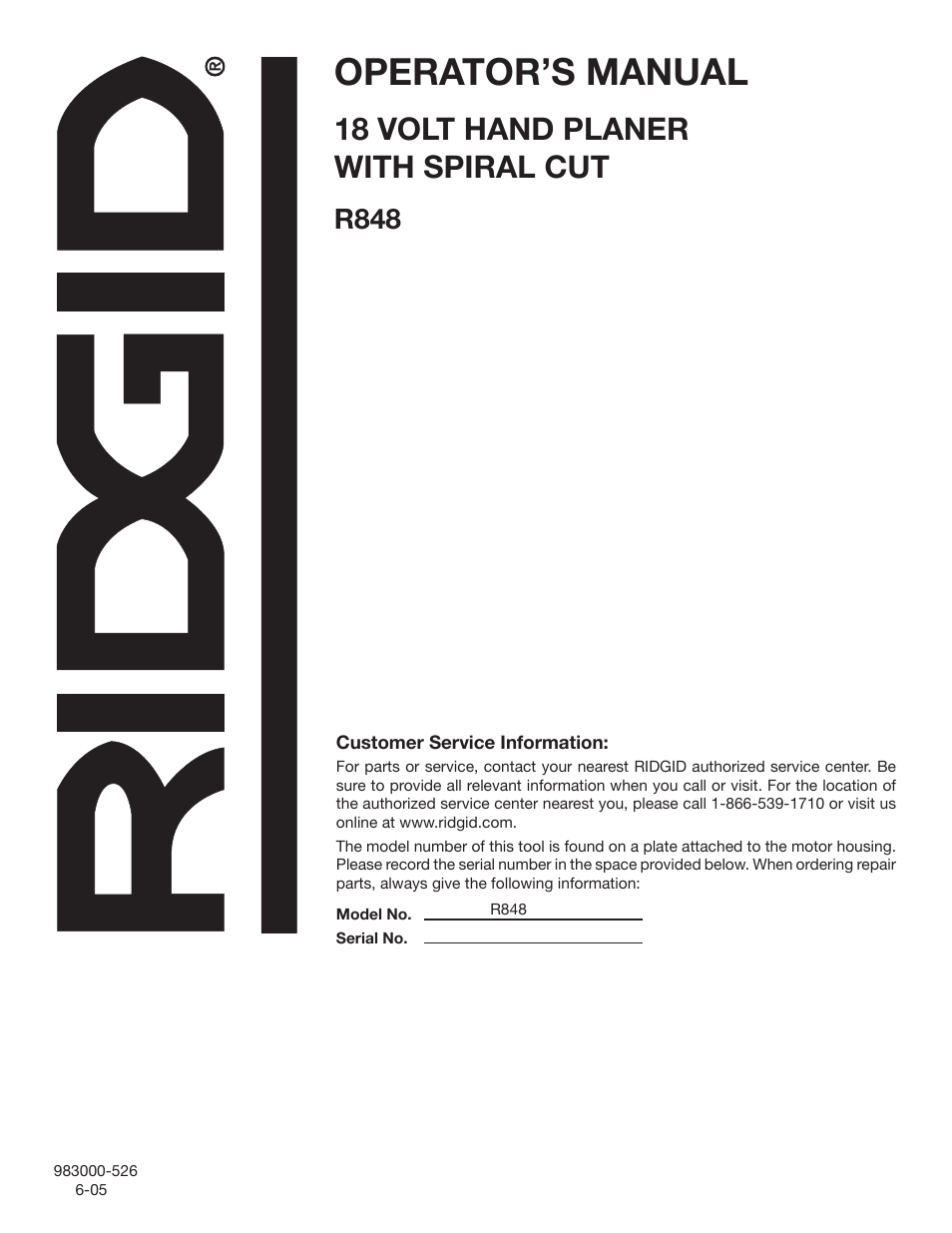 Operator’s manual, 18 volt hand planer with spiral cut, R848 | RIDGID R848 User Manual | Page 22 / 22