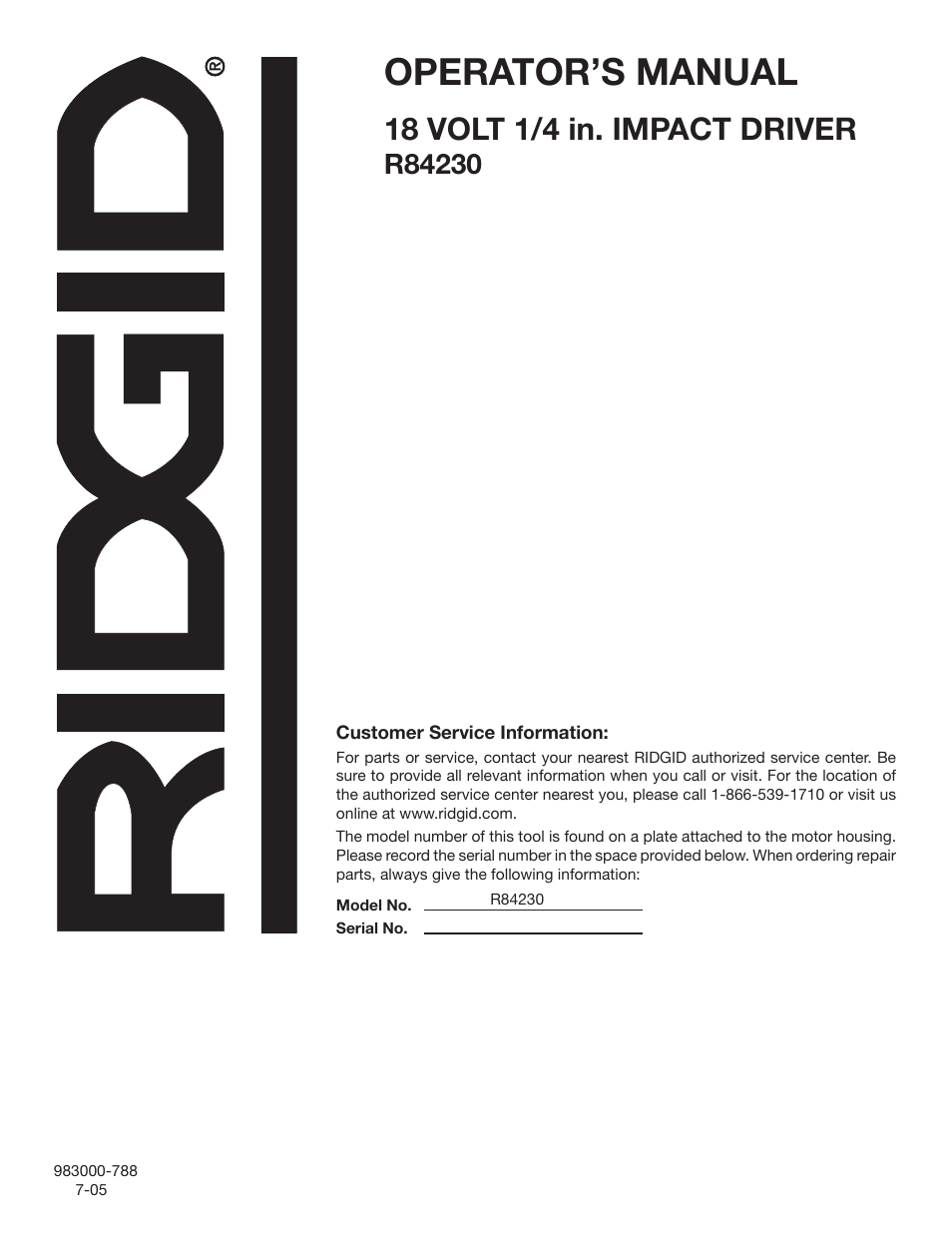 Operator’s manual, 18 volt 1/4 in. impact driver | RIDGID R84230 User Manual | Page 18 / 18