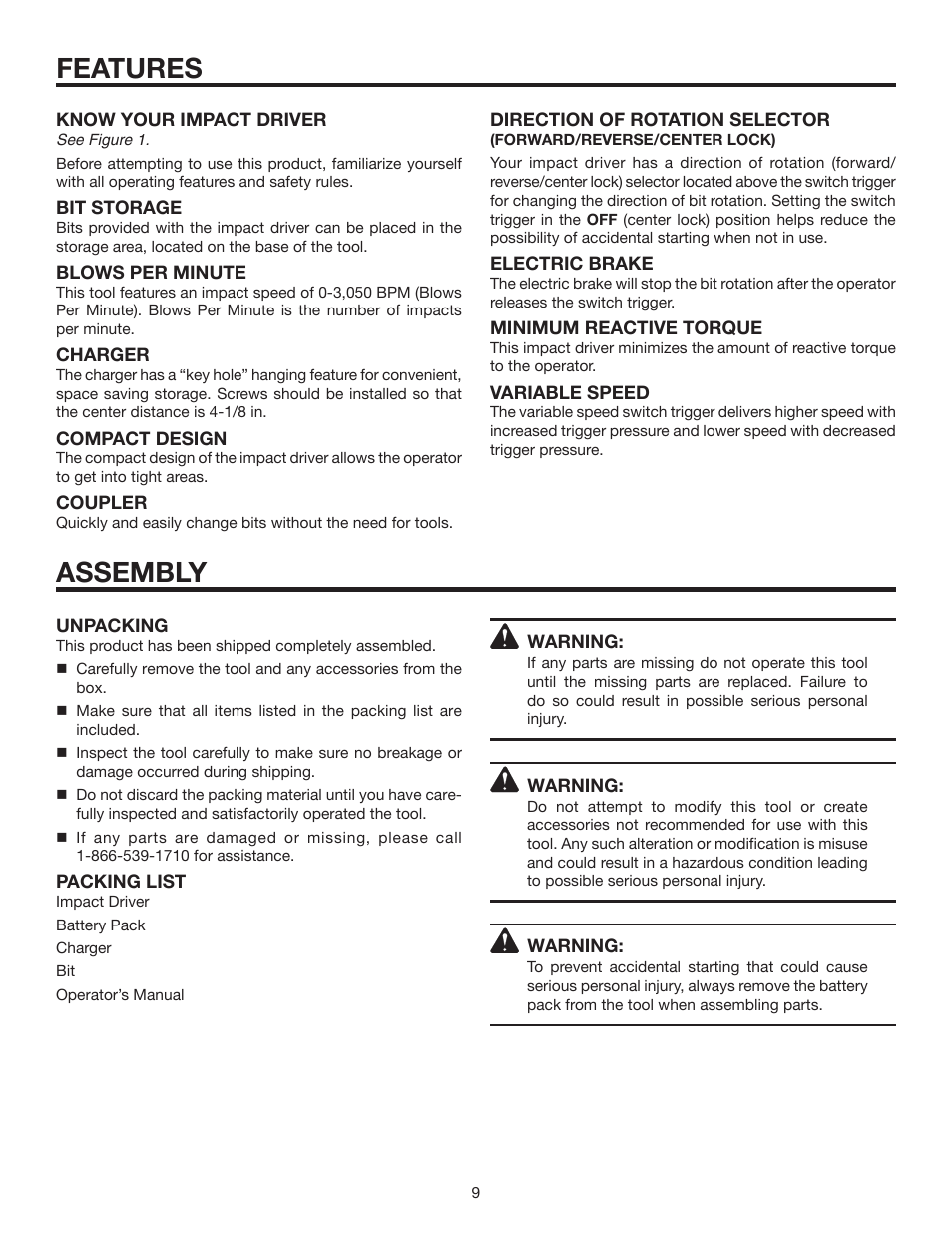 Features, Assembly | RIDGID R84230 User Manual | Page 9 / 18