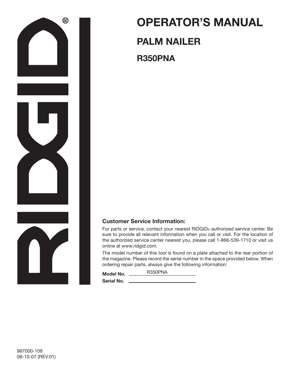 Operator’s manual, Palm nailer, R350pna | RIDGID R350PNA User Manual | Page 16 / 16