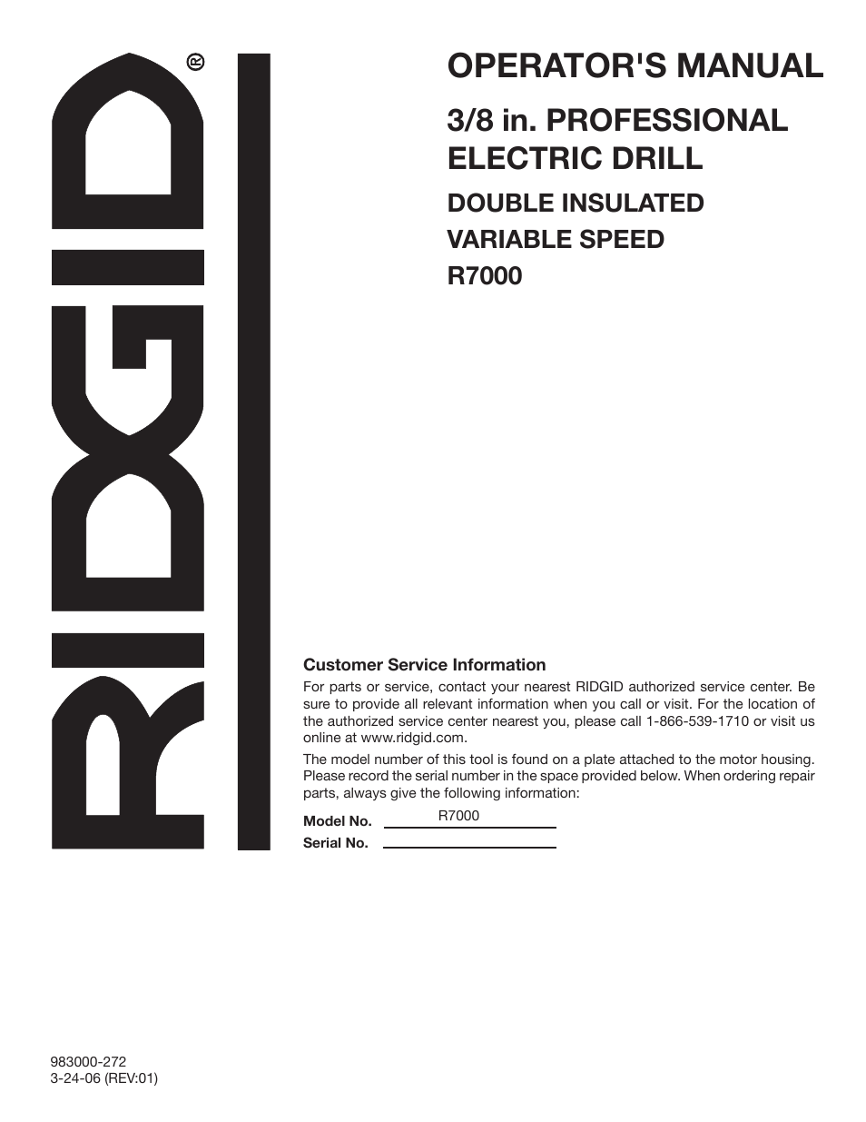 Operator's manual, 3/8 in. professional electric drill, Double insulated variable speed r7000 | RIDGID R7000 User Manual | Page 16 / 16