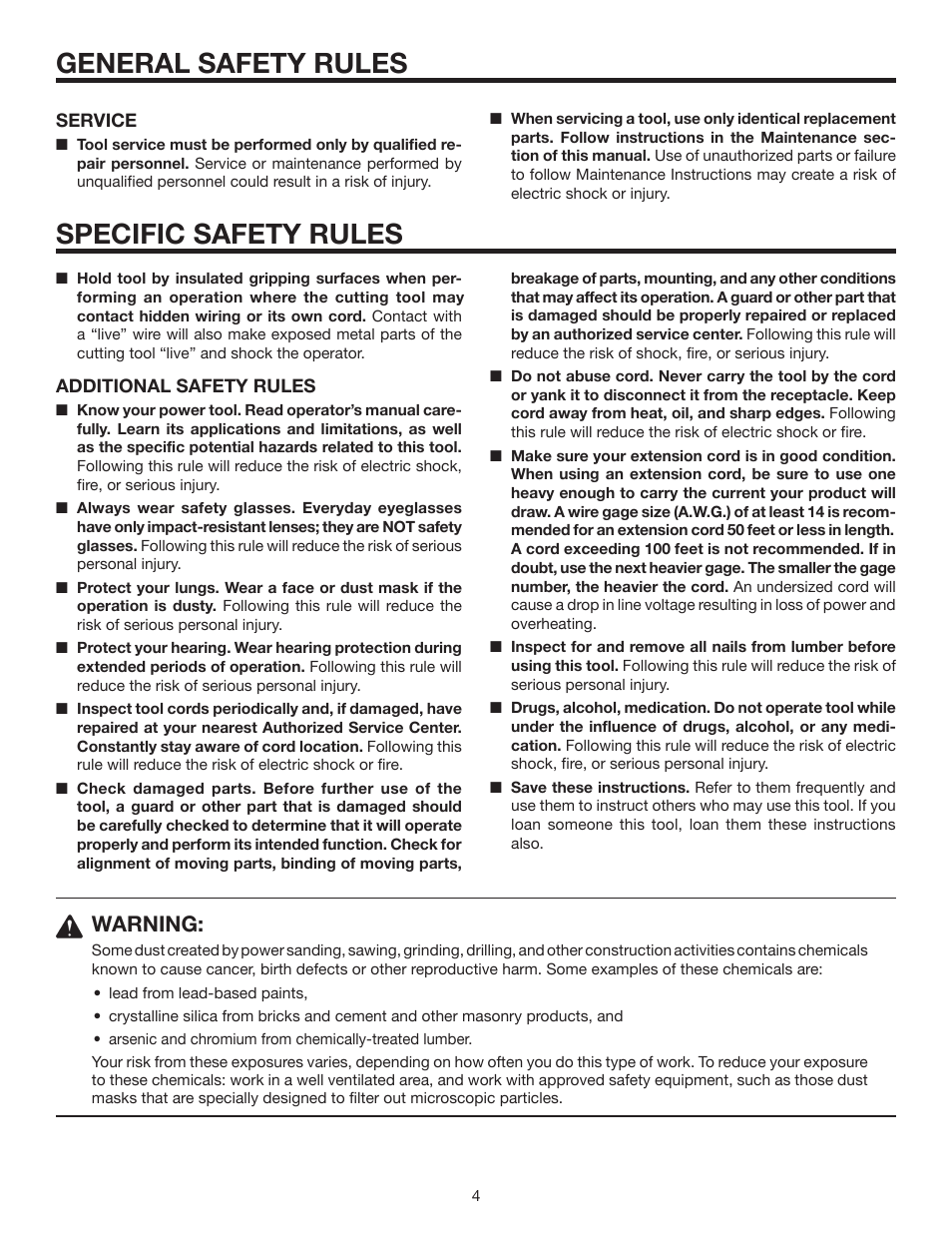 General safety rules, Specific safety rules, Warning | RIDGID R7000 User Manual | Page 4 / 16