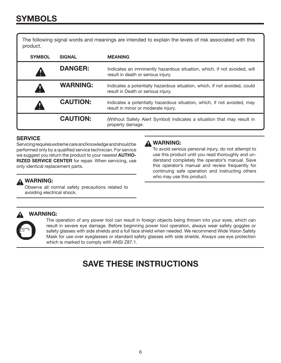 Symbols, Save these instructions, Danger | Warning, Caution | RIDGID R7000 User Manual | Page 6 / 16