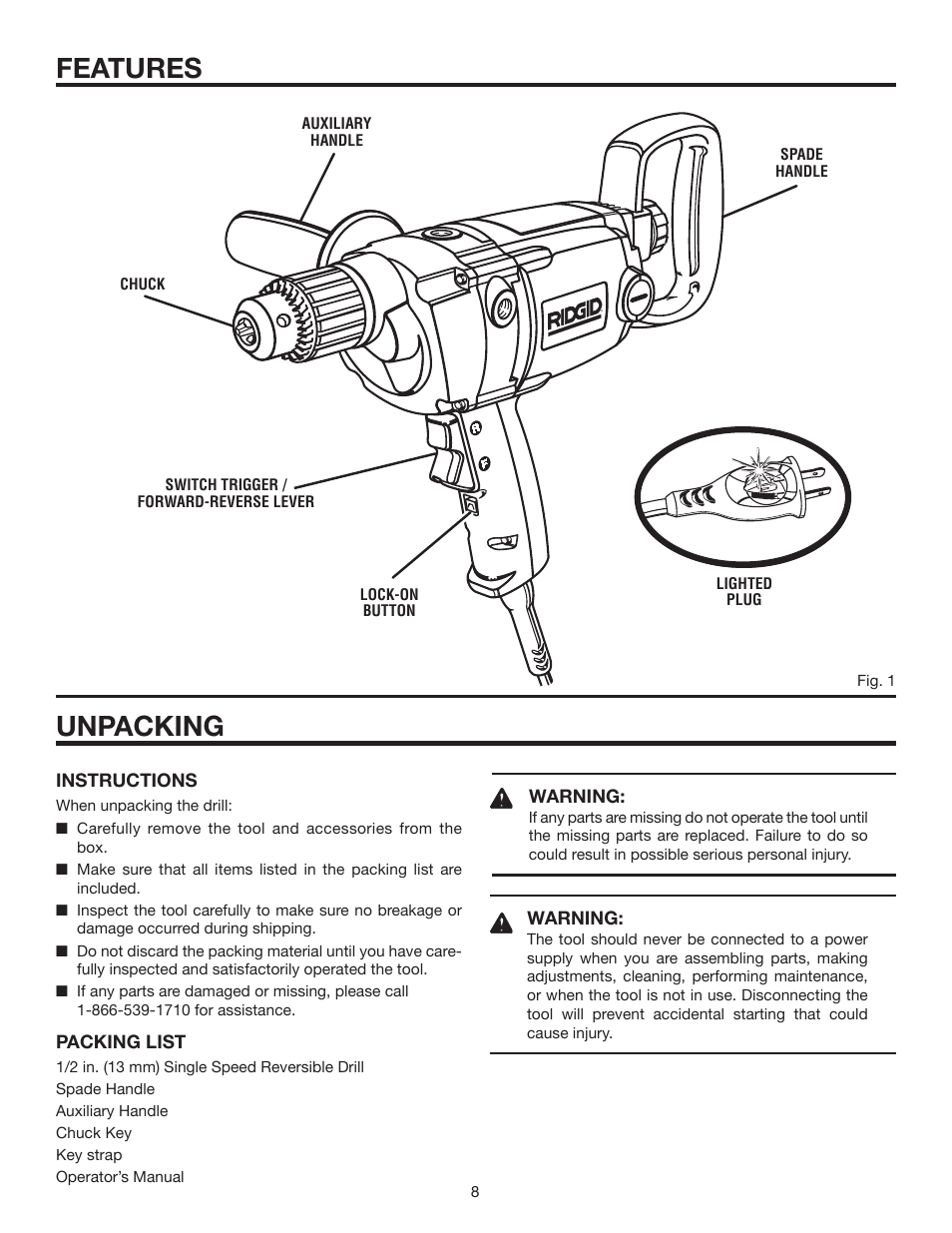 Features unpacking | RIDGID R7121 User Manual | Page 8 / 18