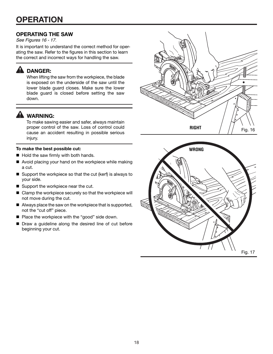 Operation, Operating the saw, Danger | Warning | RIDGID R855 User Manual | Page 18 / 24