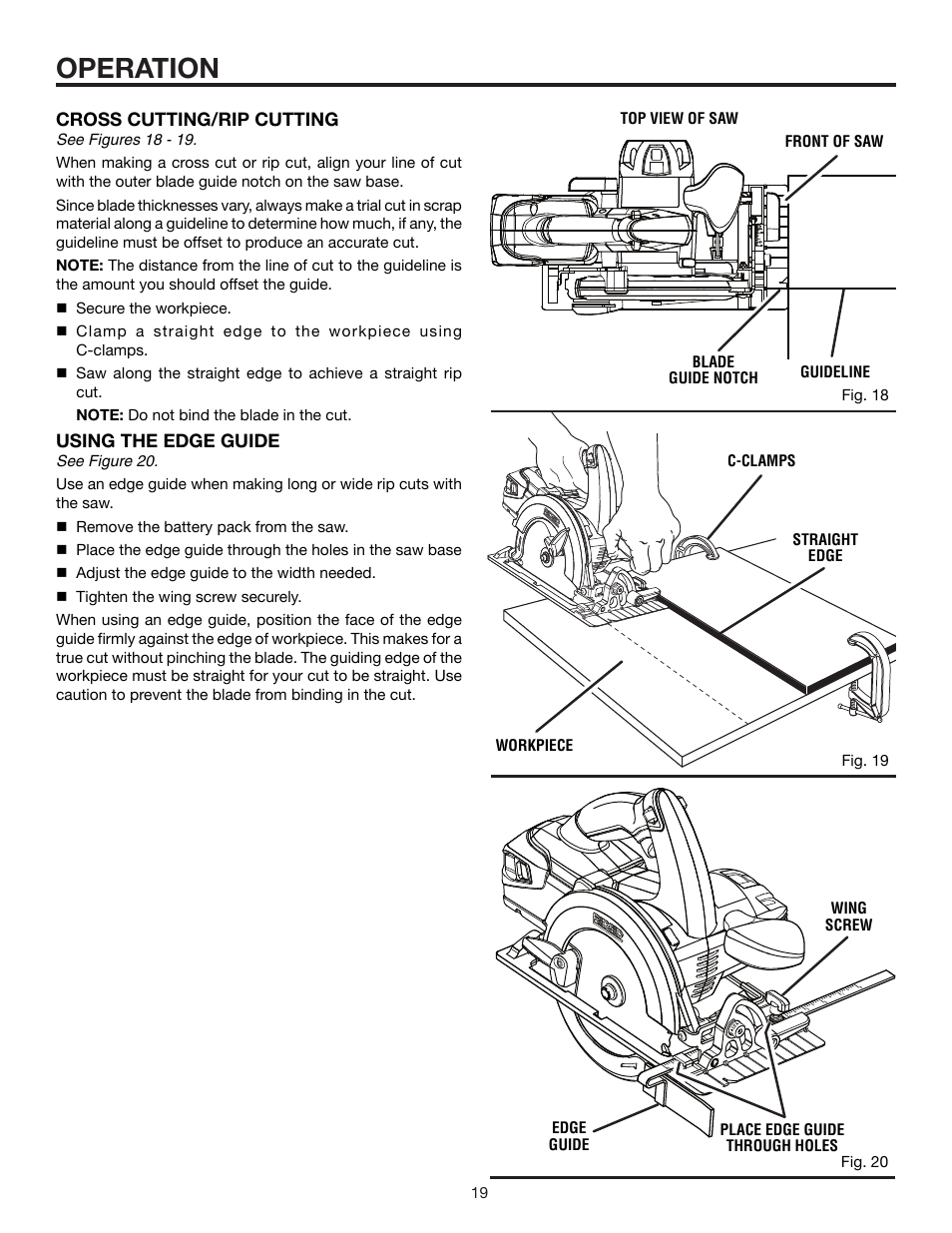 Operation, Cross cutting/rip cutting, Using the edge guide | RIDGID R855 User Manual | Page 19 / 24