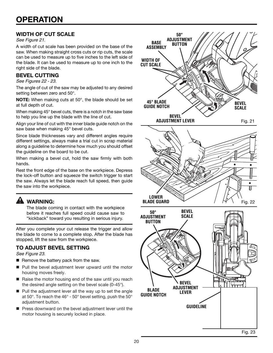 Operation, Bevel cutting, Warning | Width of cut scale | RIDGID R855 User Manual | Page 20 / 24