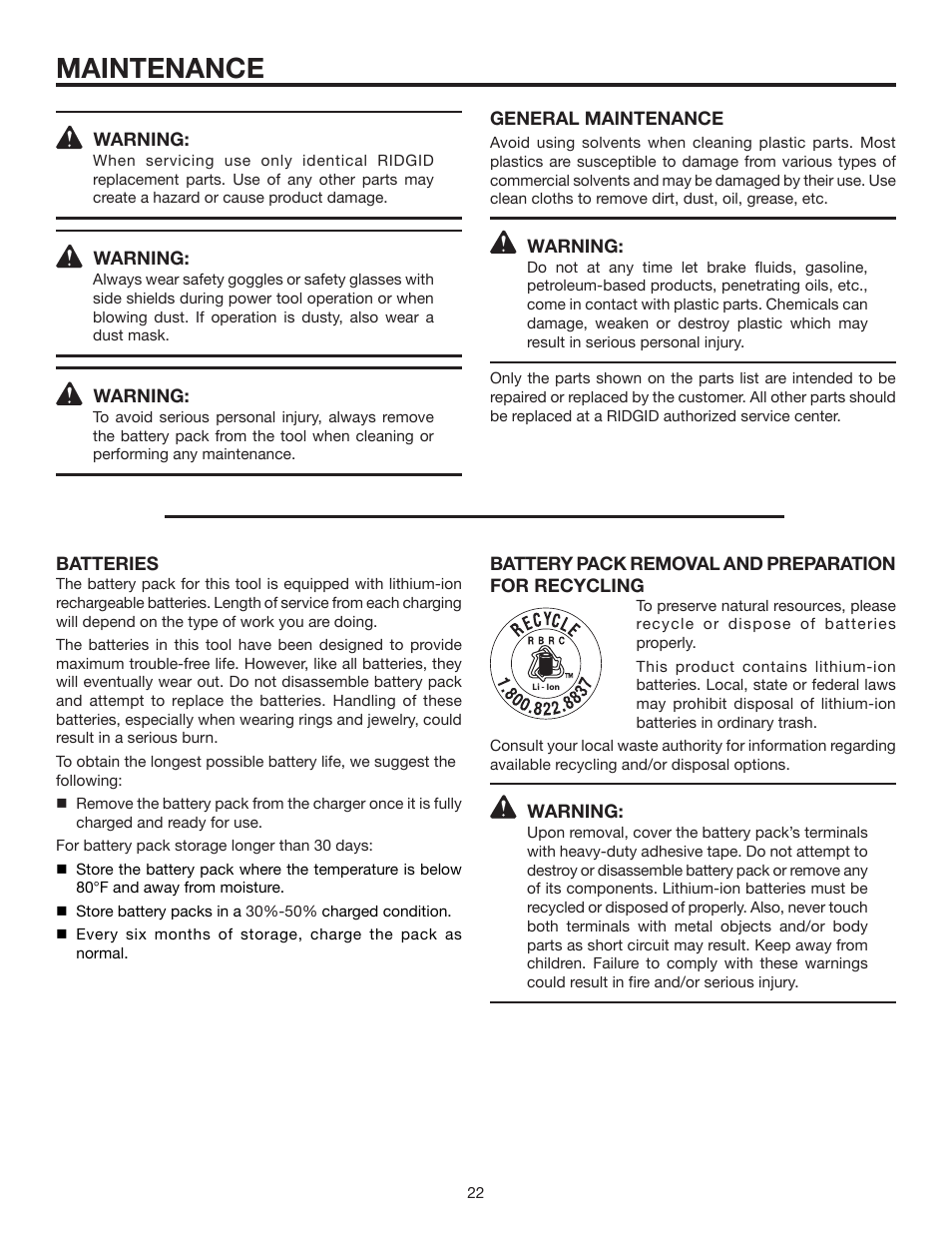 Maintenance | RIDGID R855 User Manual | Page 22 / 24