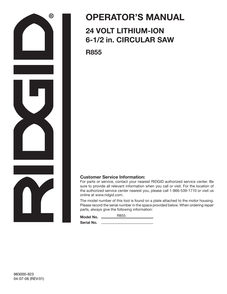 Operator’s manual, R855 | RIDGID R855 User Manual | Page 24 / 24