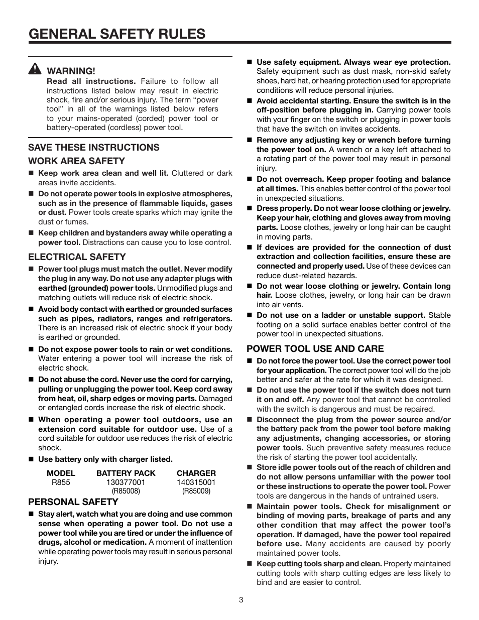 General safety rules | RIDGID R855 User Manual | Page 3 / 24