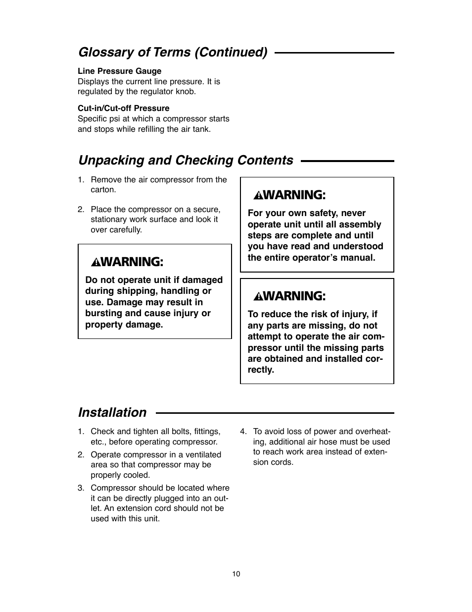 Glossary of terms (continued), Unpacking and checking contents, Warning | Installation | RIDGID OF45175A User Manual | Page 10 / 72