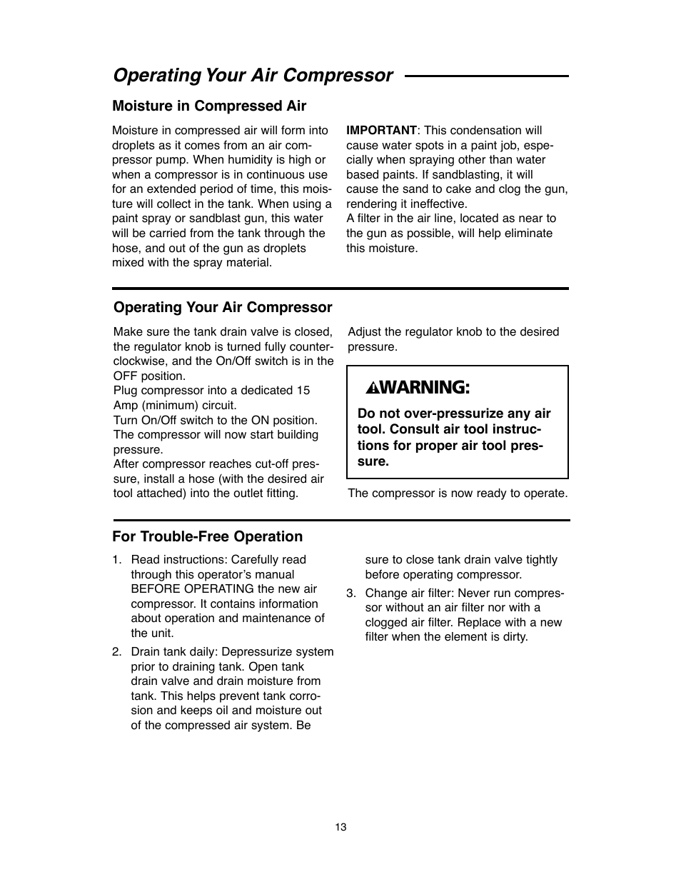 Operating your air compressor, Warning | RIDGID OF45175A User Manual | Page 13 / 72