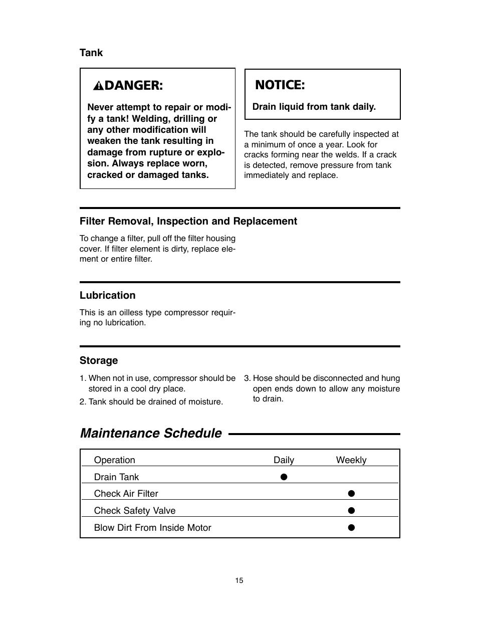 Danger, Notice, Maintenance schedule | RIDGID OF45175A User Manual | Page 15 / 72